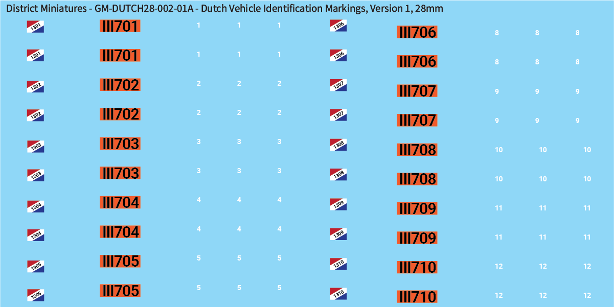 WW2 Dutch - Dutch Vehicle Identification Markings, 28mm Decals