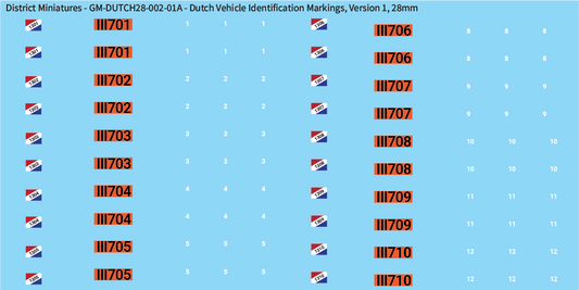 WW2 Dutch - Dutch Vehicle Identification Markings, 28mm Decals