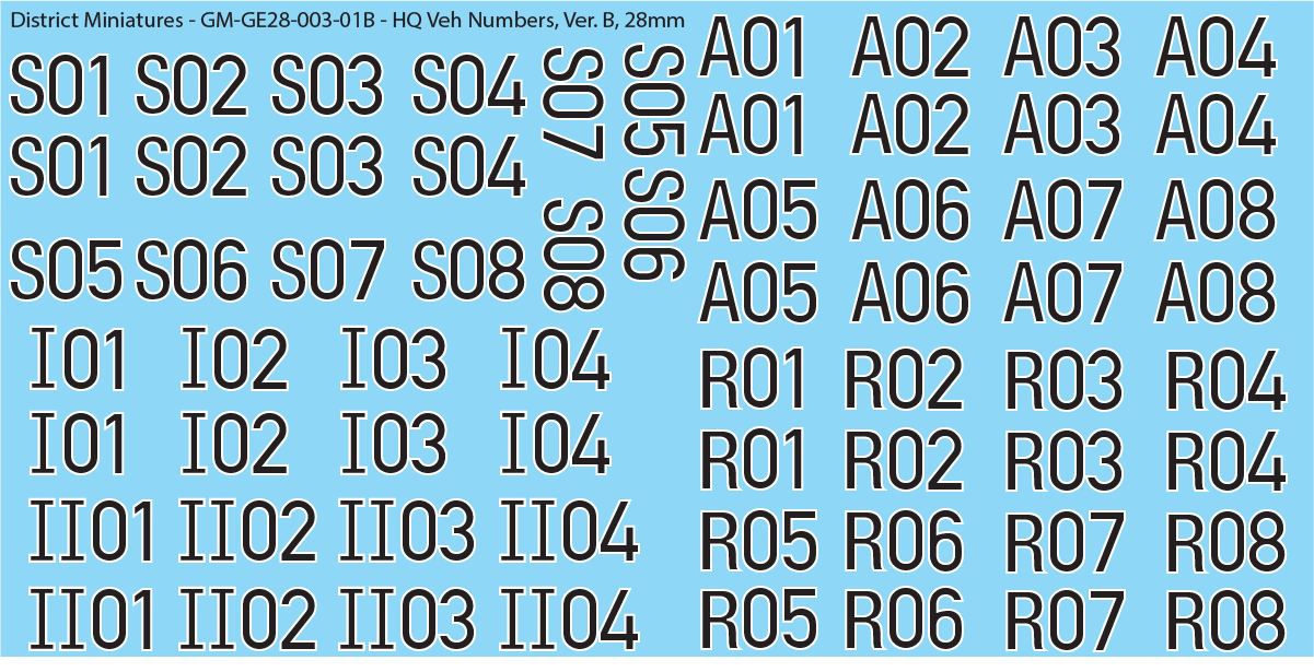 German HQ Vehicle Numbers, 28mm Decals – District Miniatures