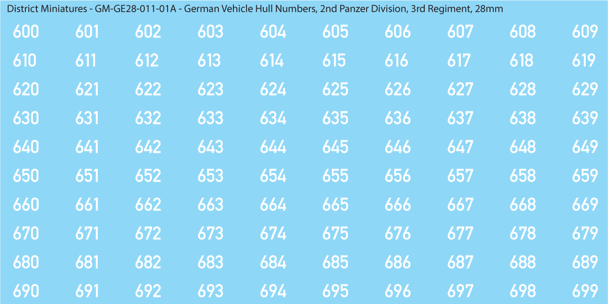 WW2 German - Extremely Small Hull Numbers, Solid White, (Multiple Options), 28mm