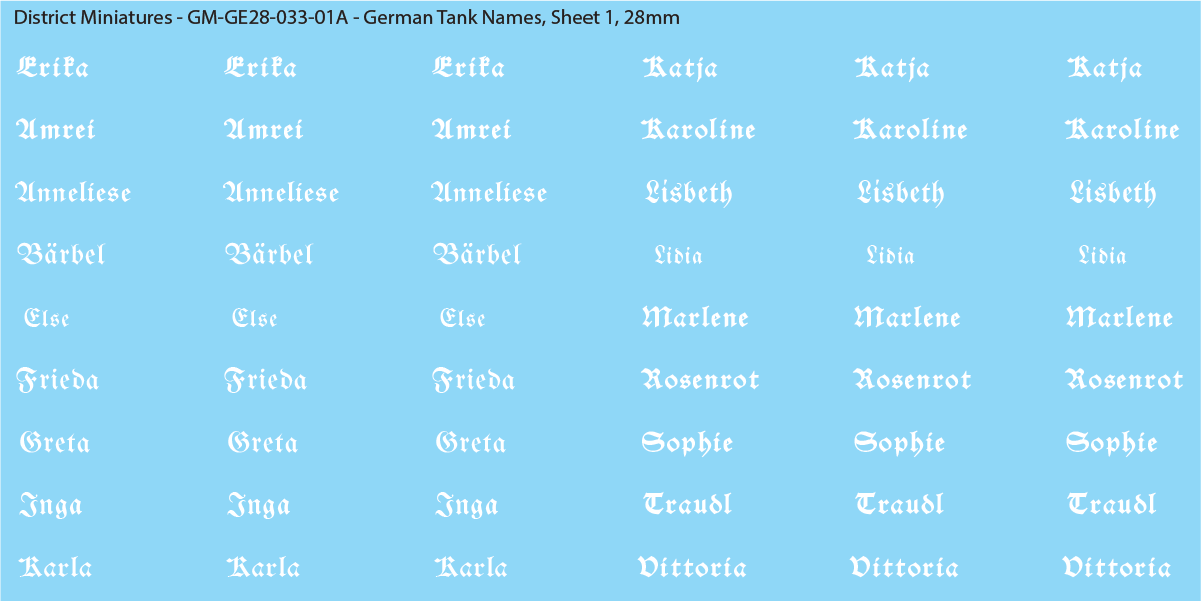 WW2 German - German Tank Names, 28mm Decals – District Miniatures