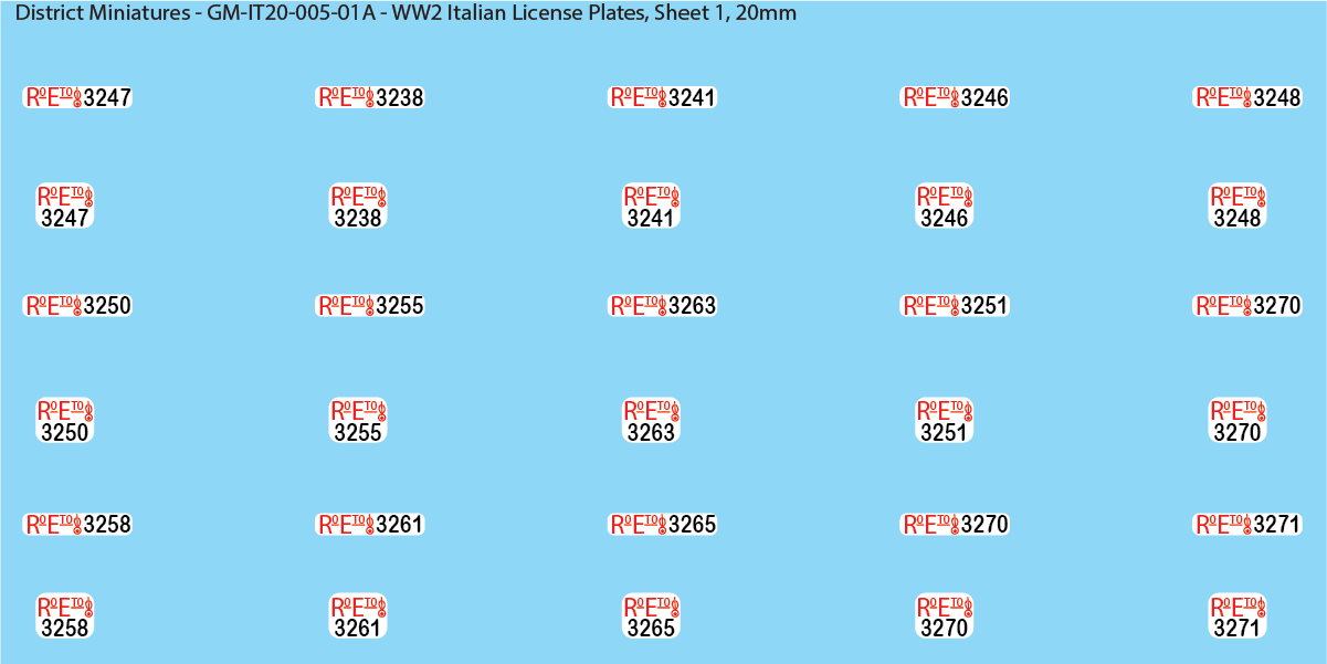 WW2 Italian Decals, Vehicle LIcense Plates (Multiple Options), 20mm Decals
