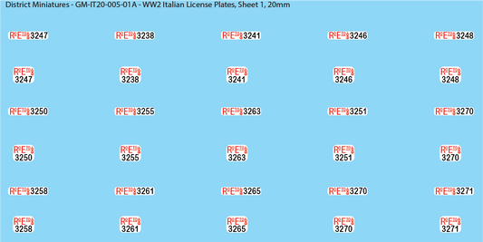 WW2 Italian Decals, Vehicle LIcense Plates (Multiple Options), 20mm Decals