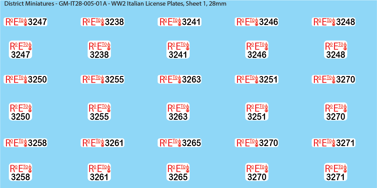 WW2 Italian Decals, Vehicle LIcense Plates (Multiple Options), 28mm Decals