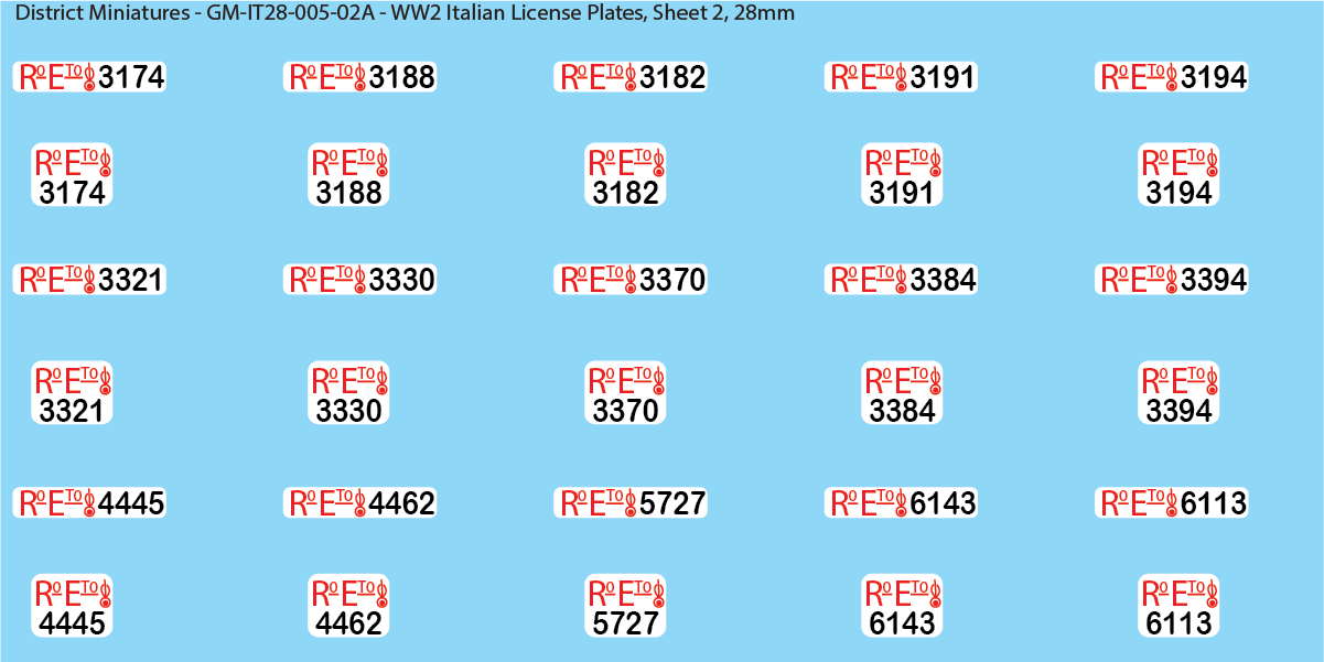 WW2 Italian Decals, Vehicle LIcense Plates (Multiple Options), 28mm Decals