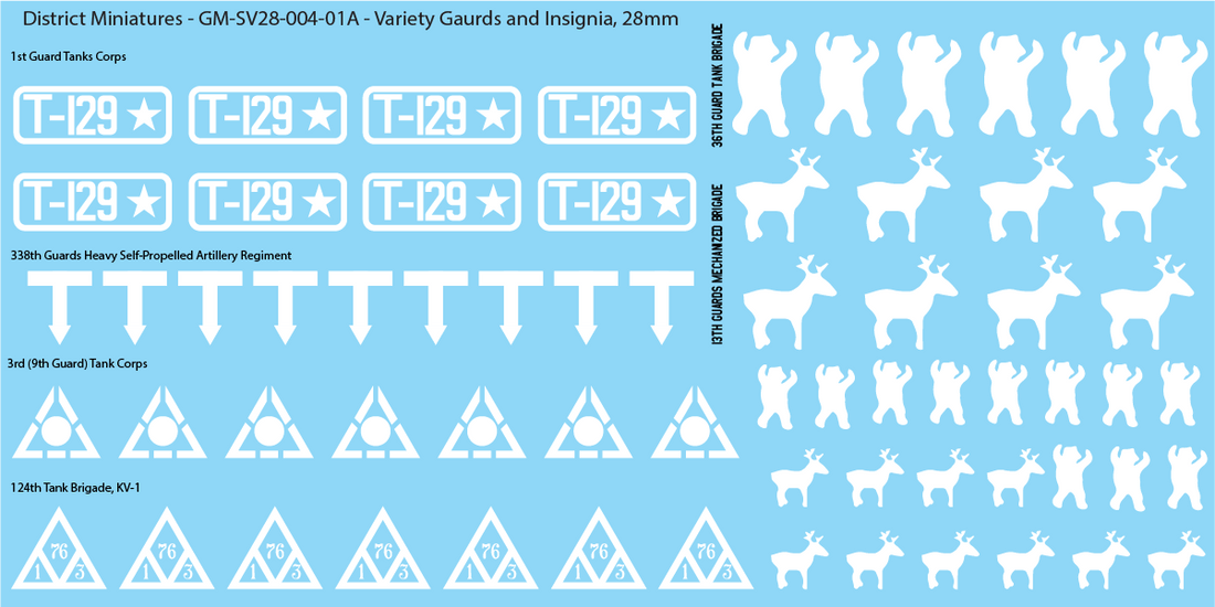 Soviet Variety of Guards Insignia, 28mm Decals – District Miniatures