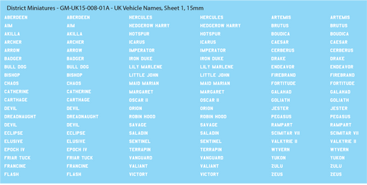 WW2 British - UK Vehicle Names, Sheet 1, 15mm Decals