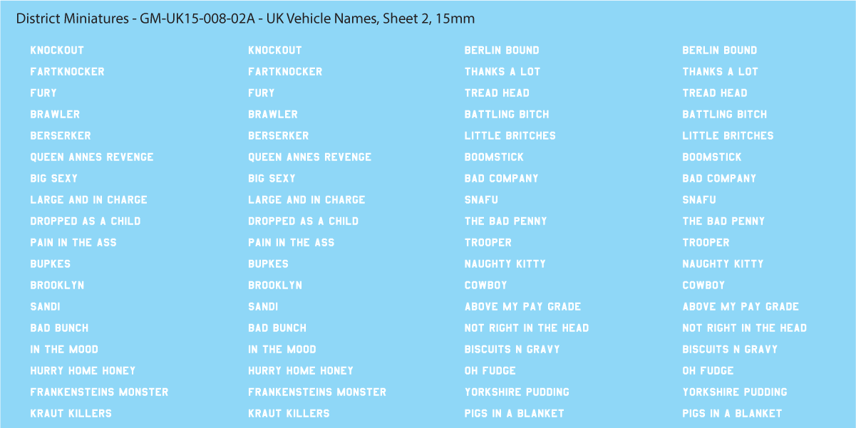 WW2 British - UK Vehicle Names, Multiple Variants, 15mm Decals