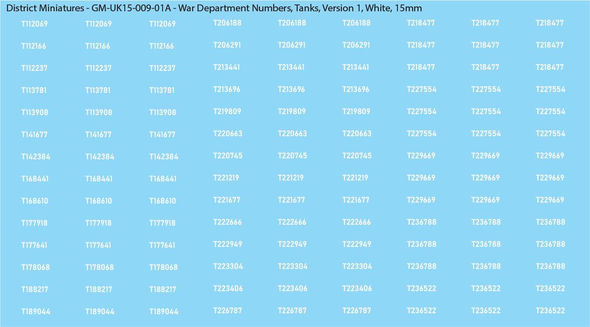 WW2 British - UK War Dept Numbers, Tanks, 15mm Decals