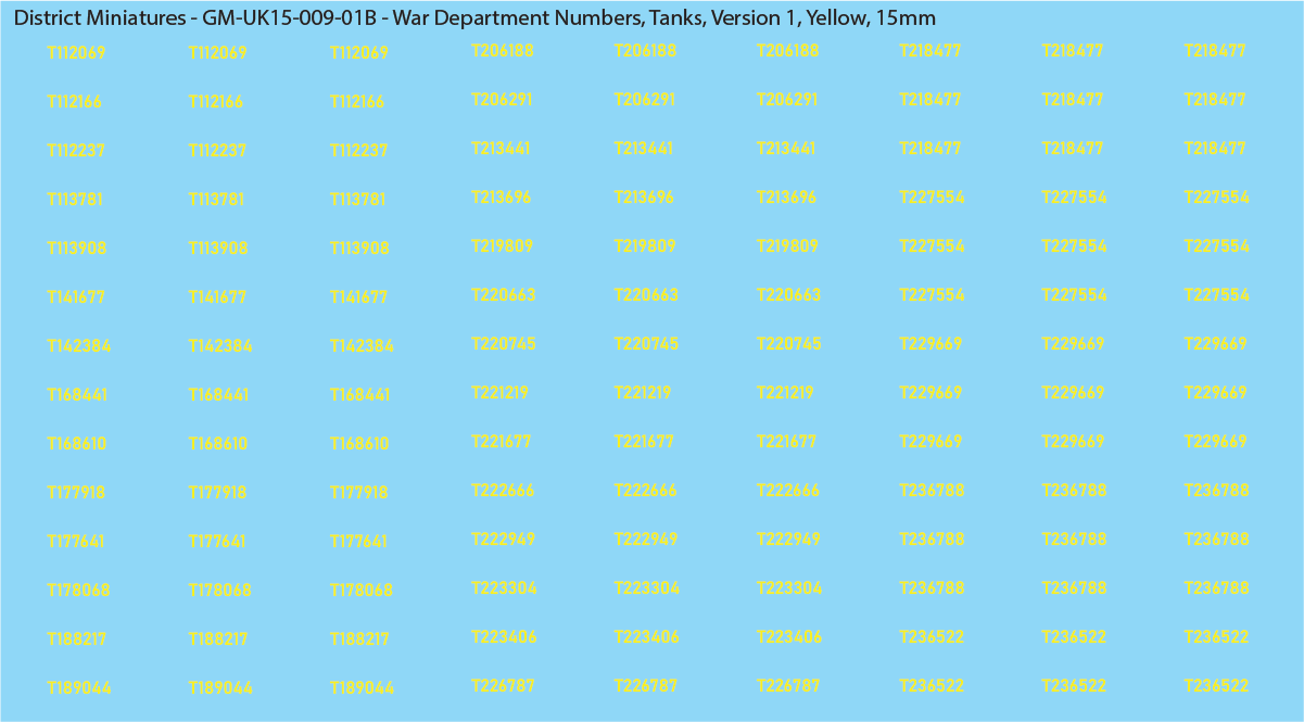 WW2 British - UK War Dept Numbers, Tanks, 15mm Decals