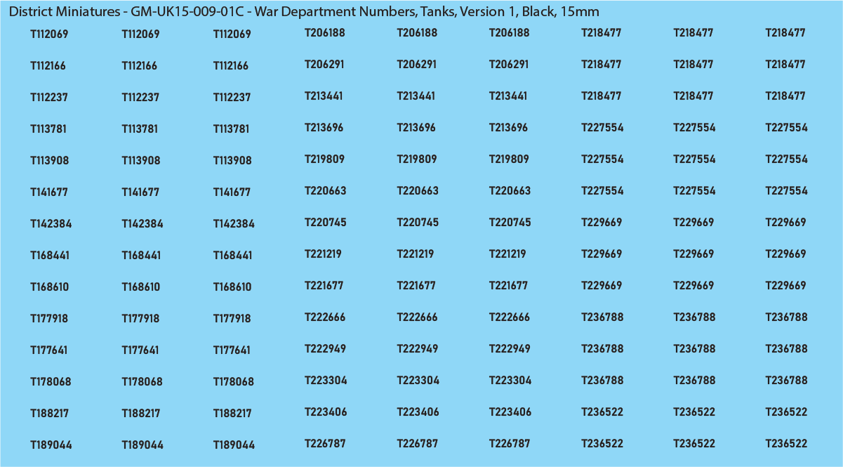 WW2 British - UK War Dept Numbers, Tanks, 15mm Decals