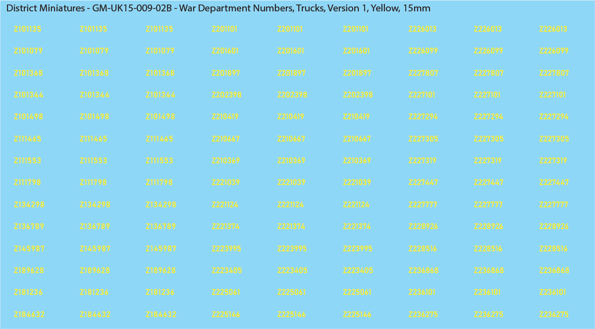 WW2 British - UK War Dept Numbers, Trucks, 15mm Decals