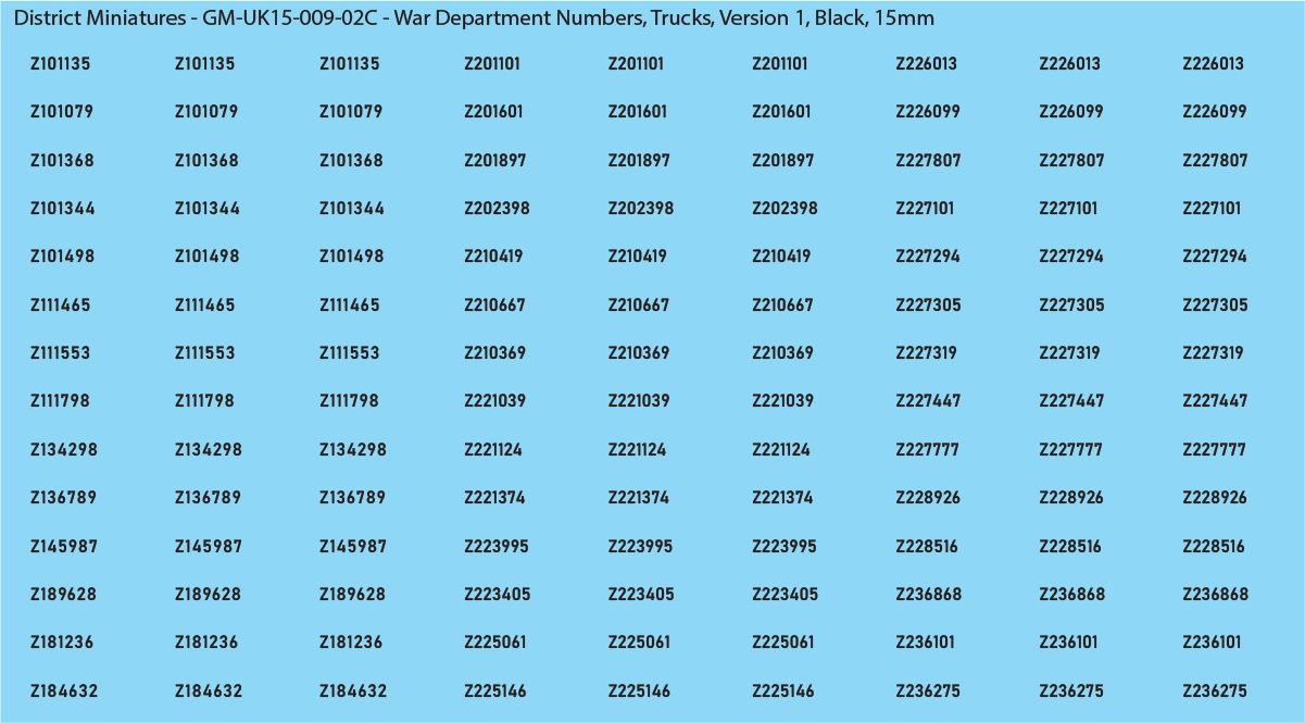 WW2 British - UK War Dept Numbers, Trucks, 15mm Decals