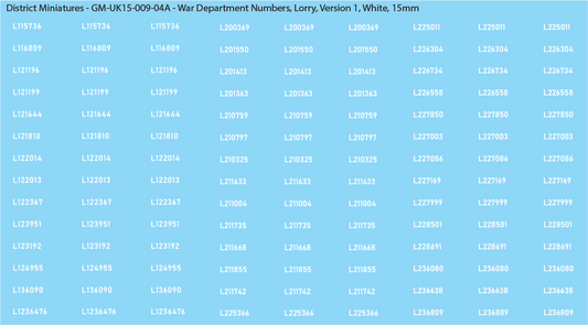 WW2 British - UK War Dept Numbers, Lorry, 15mm Decals