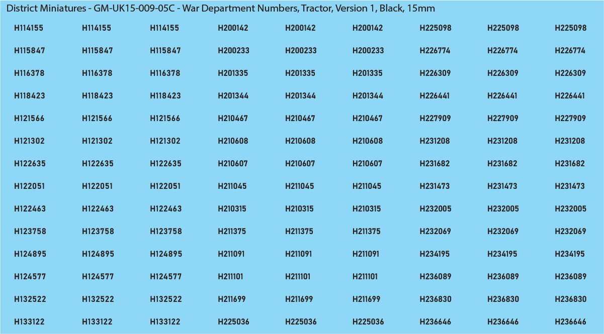 WW2 British - UK War Dept Numbers, Tractor, 15mm Decals