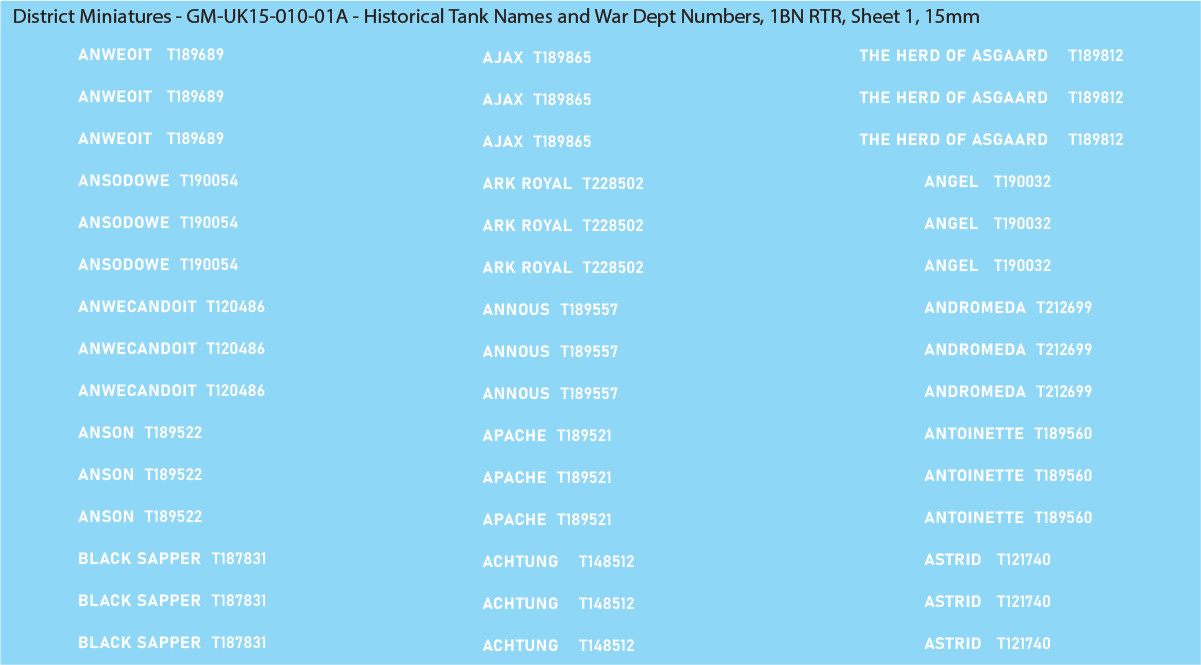WW2 British - UK Historical Tank Names and War Dept Numbers, 1Bn RTR, 15mm Decals