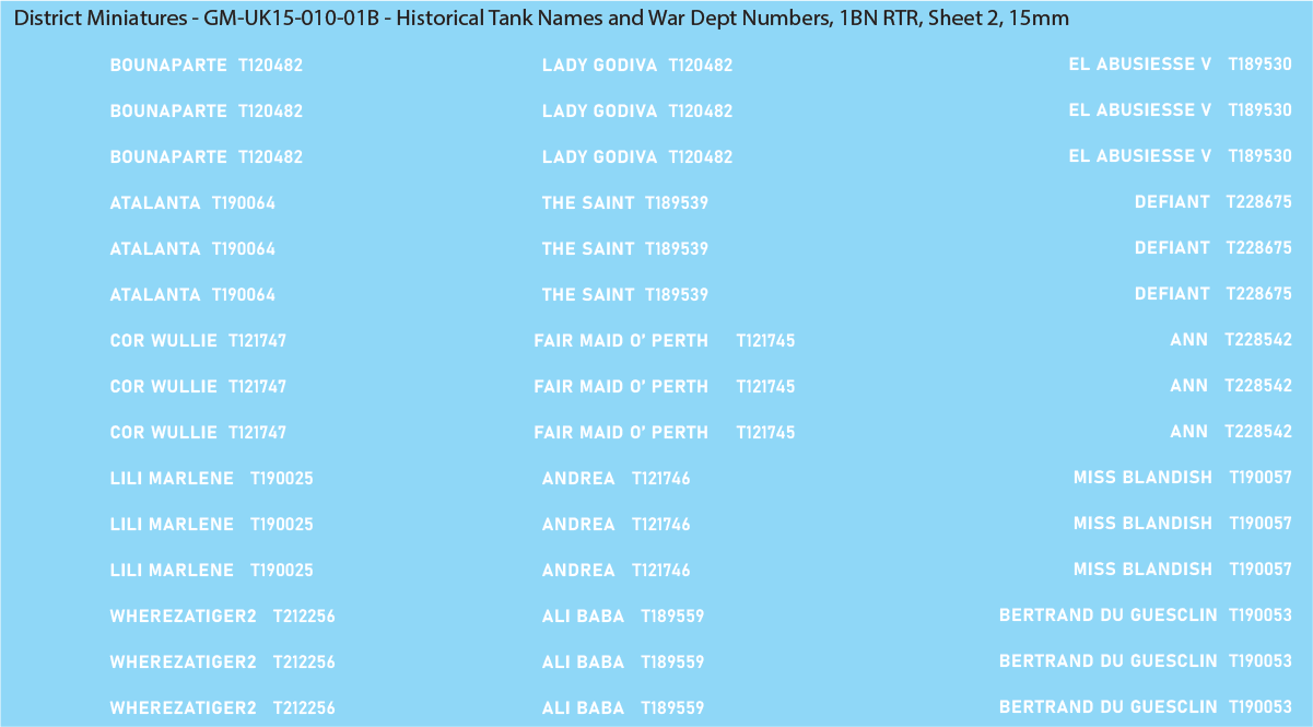 WW2 British - UK Historical Tank Names and War Dept Numbers, 1Bn RTR, 15mm Decals