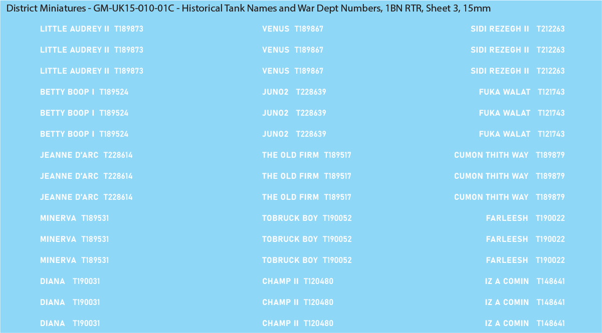 WW2 British - UK Historical Tank Names and War Dept Numbers, 1Bn RTR, 15mm Decals