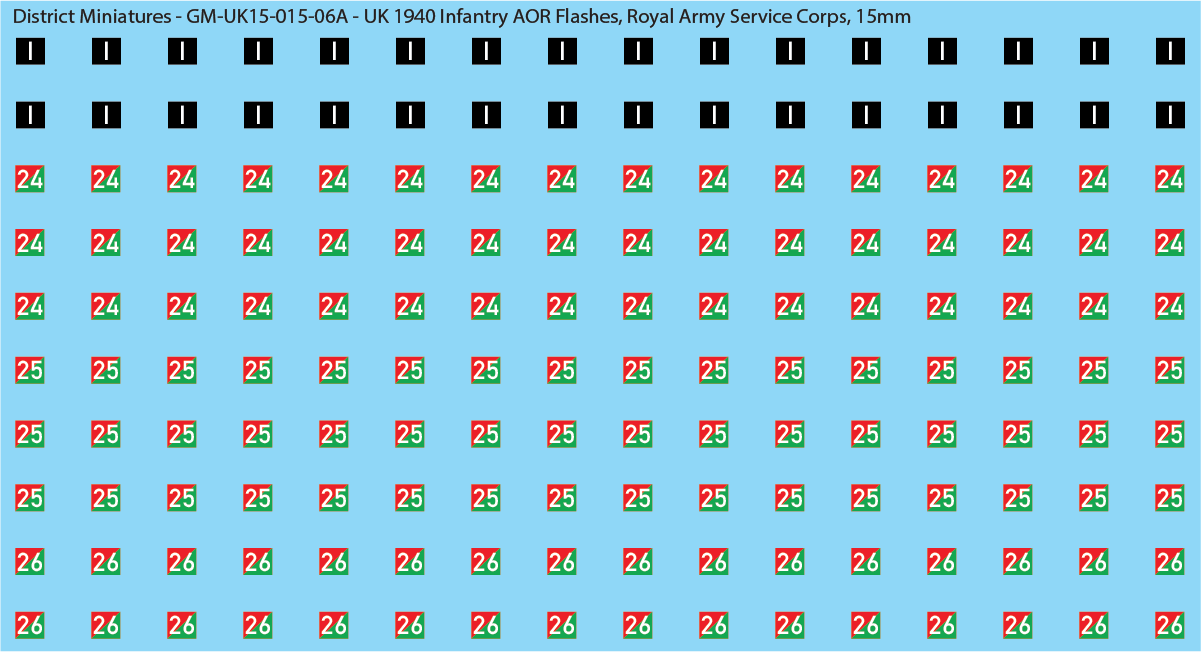 WW2 British - UK 1940 Infantry AOR Flashes, 15mm Decals