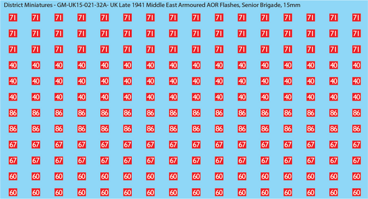 WW2 British - UK Late 1941 Middle East Armor AOR Flashes (Multiple Options), 15mm Decals