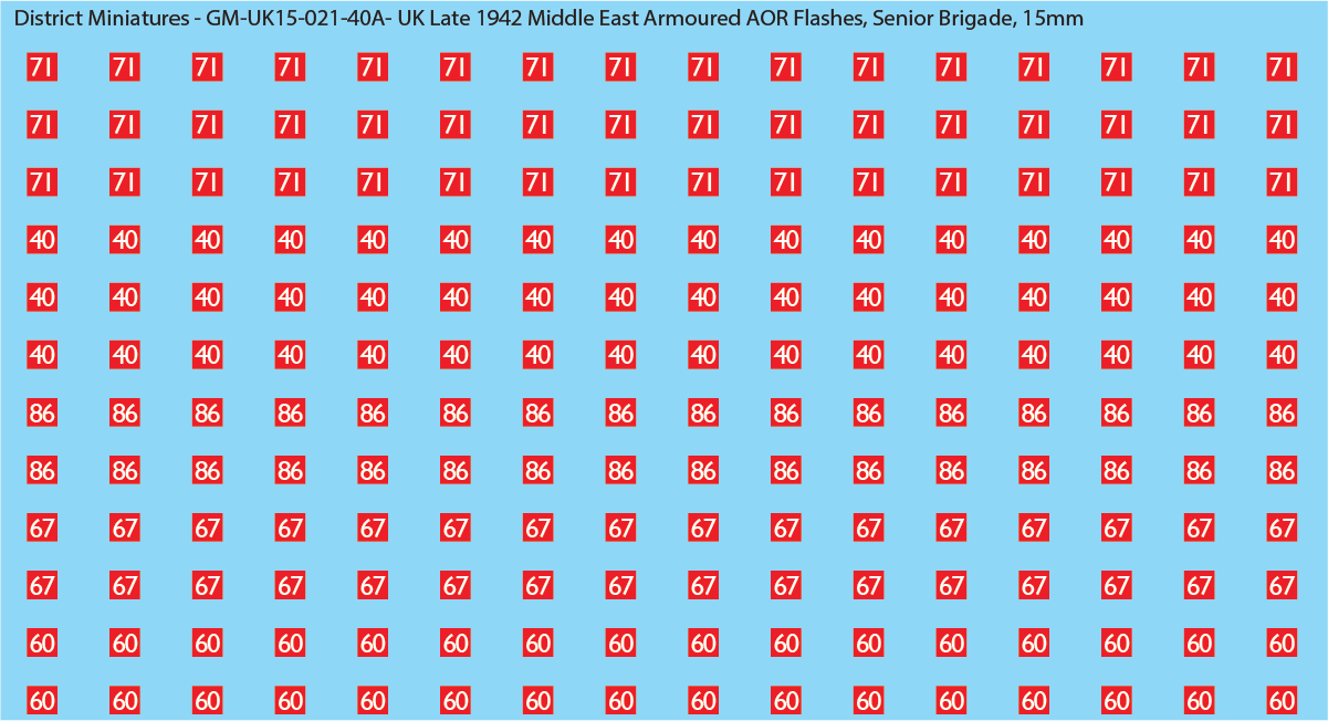 WW2 British - UK Late 1942 Middle East Armor AOR Flashes (Multiple Options), 15mm Decals