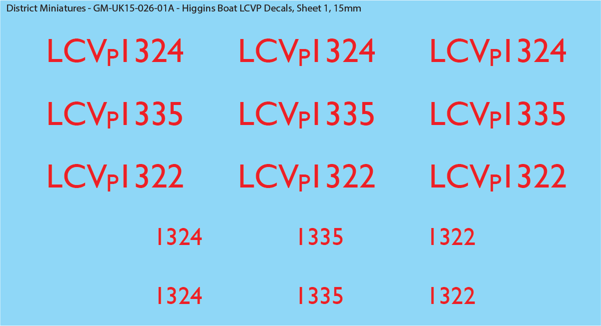 WW2 UK Higgins Boat LCVP Decals, 15mm Decals