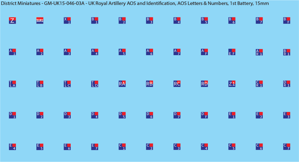 WW2 British - UK Royal Artillery AOS and Identification (Multiple Options), 15mm Decals