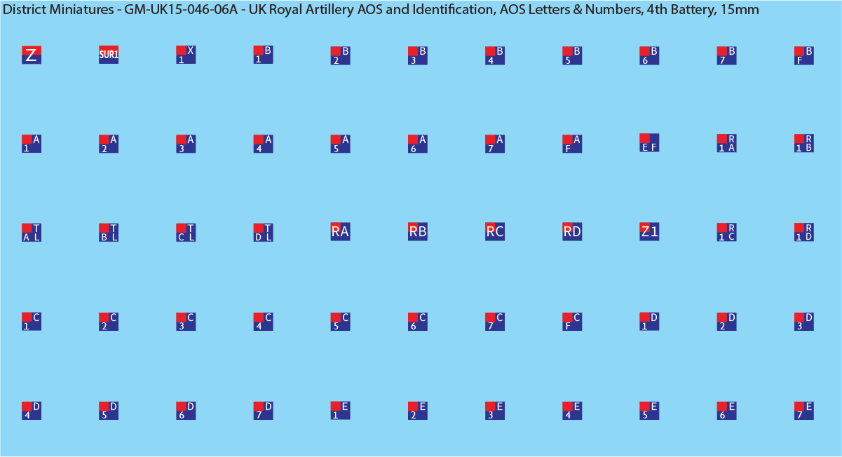 WW2 British - UK Royal Artillery AOS and Identification (Multiple Options), 15mm Decals