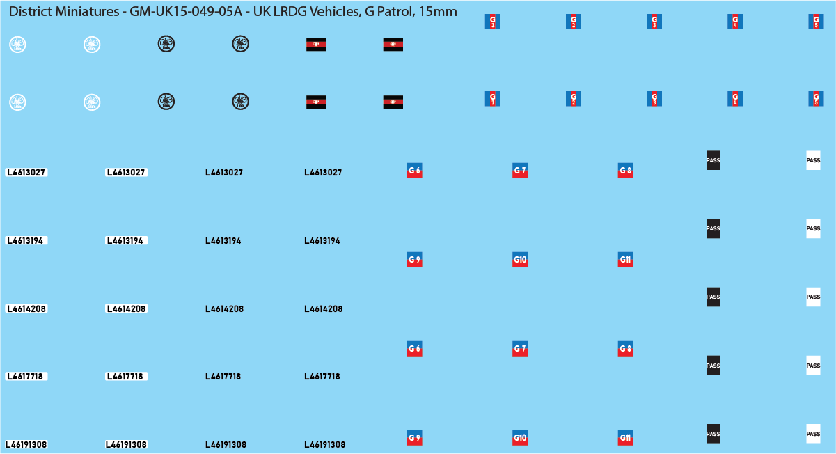 WW2 British - UK LRDG Vehicles and Patrol Markings (Multiple Options), 15mm Decals