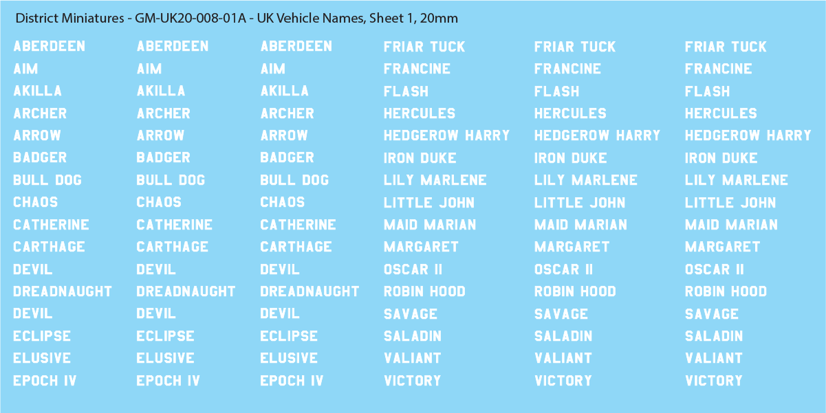 WW2 British UK Vehicle Names, Sheet 1, 20mm Decals District Miniatures