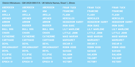 WW2 British - UK Vehicle Names, Sheet 1, 20mm Decals