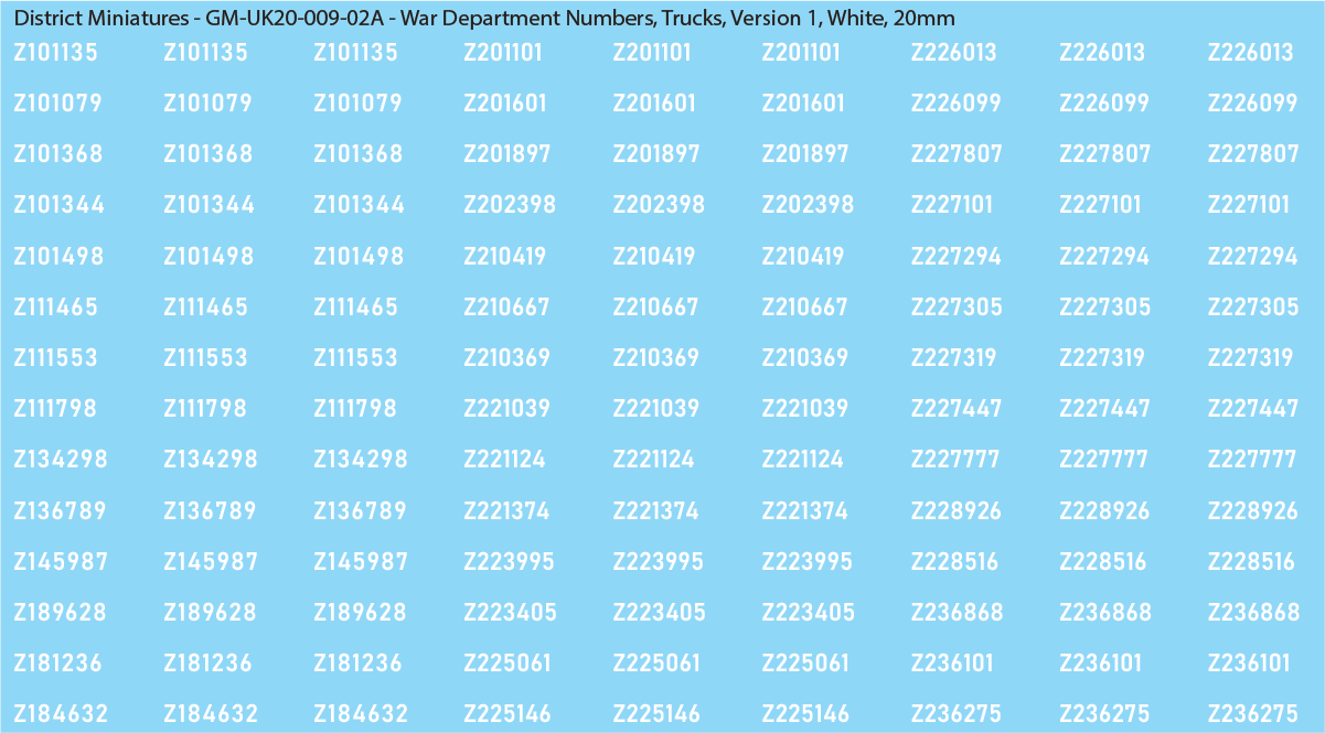 WW2 British - UK War Dept Numbers, Trucks, 20mm Decals