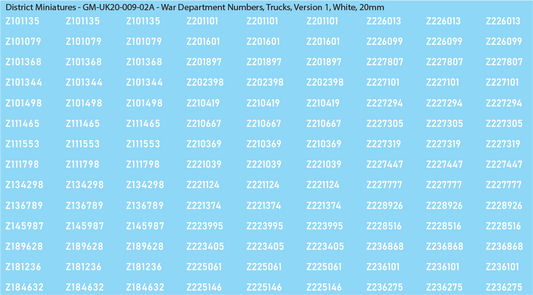 WW2 British - UK War Dept Numbers, Trucks, 20mm Decals