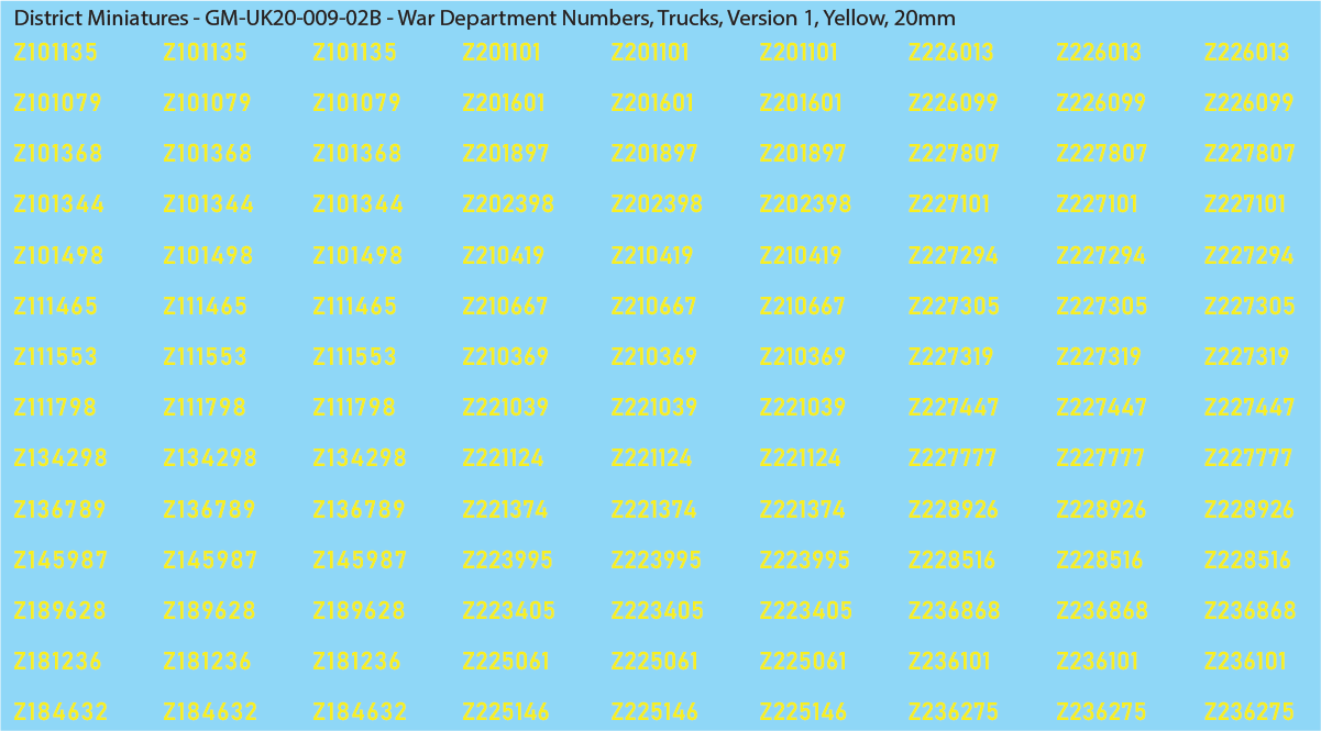 WW2 British - UK War Dept Numbers, Trucks, 20mm Decals