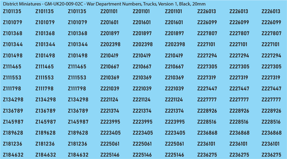 WW2 British - UK War Dept Numbers, Trucks, 20mm Decals
