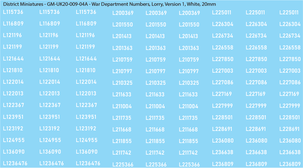 WW2 British - UK War Dept Numbers, Lorry, 20mm Decals