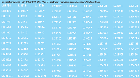 WW2 British - UK War Dept Numbers, Lorry, 20mm Decals