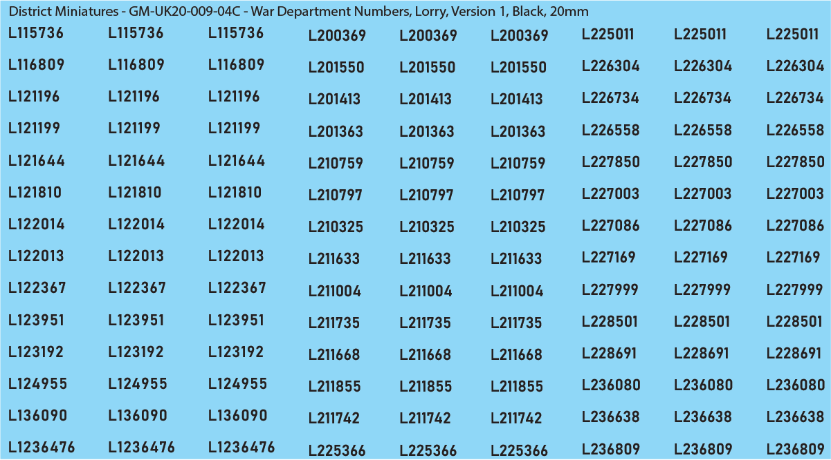 WW2 British - UK War Dept Numbers, Lorry, 20mm Decals