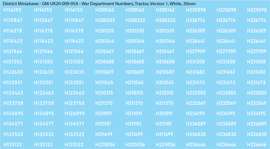 WW2 British - UK War Dept Numbers, Tractor, 20mm Decals