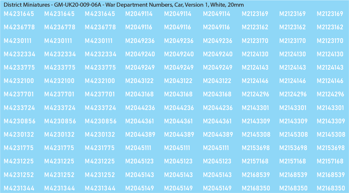 WW2 British - UK War Dept Numbers, Car (Jeep), 20mm Decals