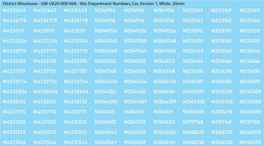 WW2 British - UK War Dept Numbers, Car (Jeep), 20mm Decals