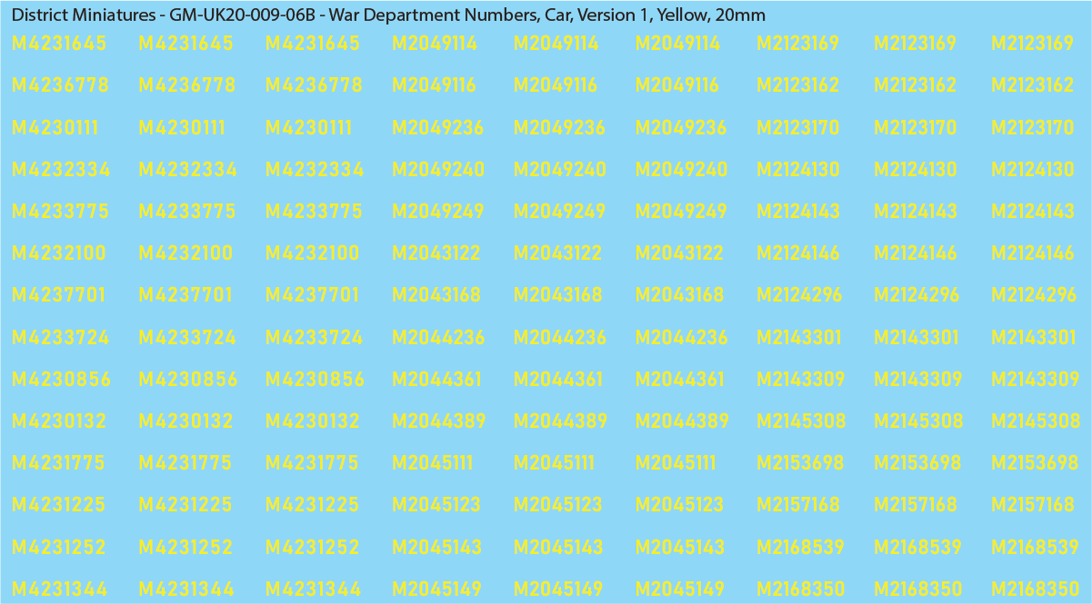 WW2 British - UK War Dept Numbers, Car (Jeep), 20mm Decals