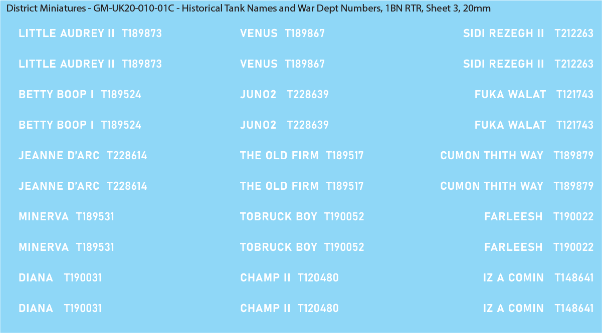 WW2 British - UK Historical Tank Names and War Dept Numbers, 1Bn RTR, 20mm Decals