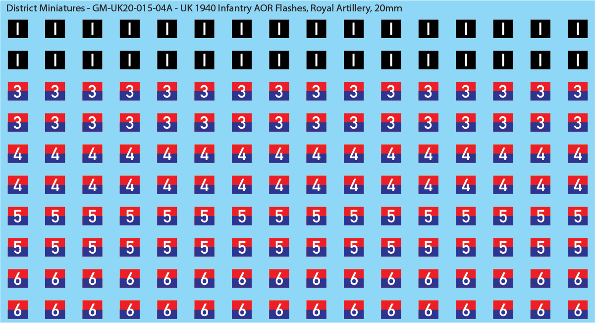 WW2 British - UK 1940 Infantry AOR Flashes, 20mm Decals