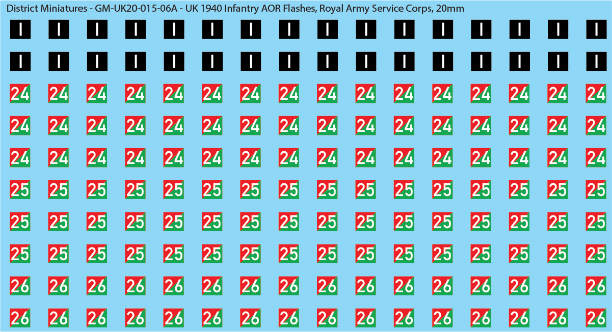 WW2 British - UK 1940 Infantry AOR Flashes, 20mm Decals