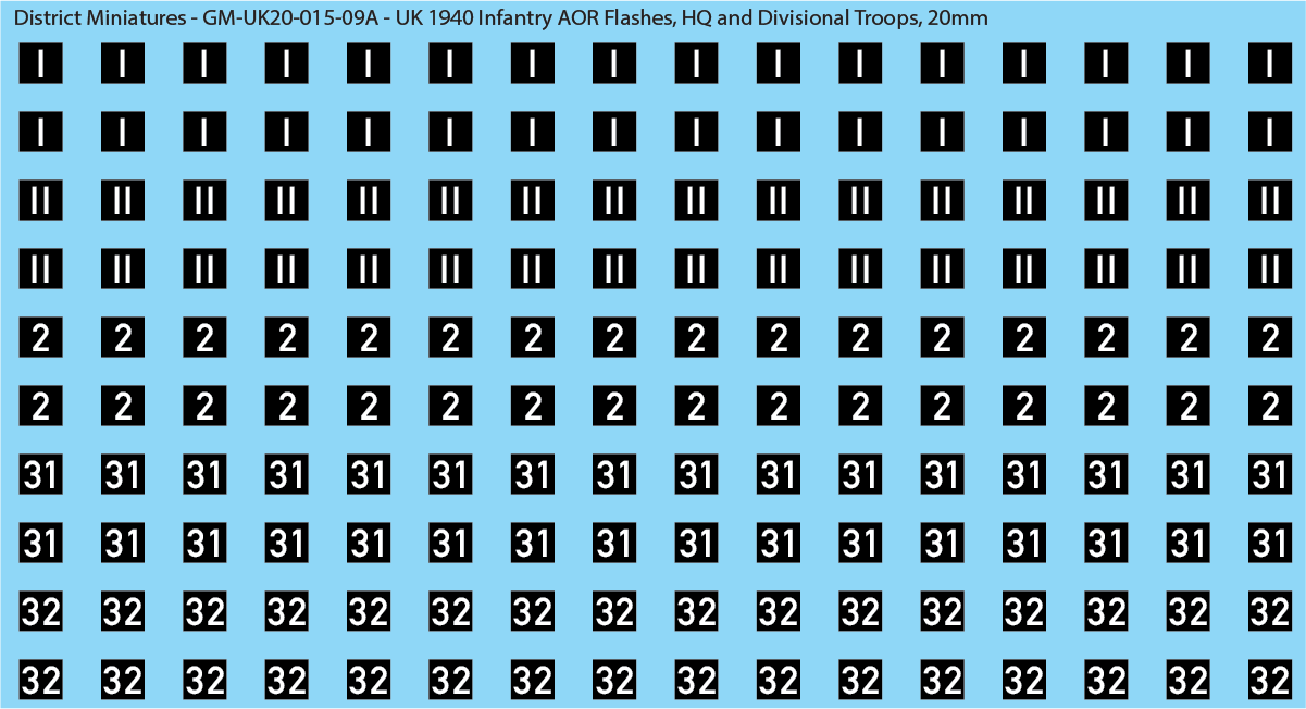 WW2 British - UK 1940 Infantry AOR Flashes, 20mm Decals