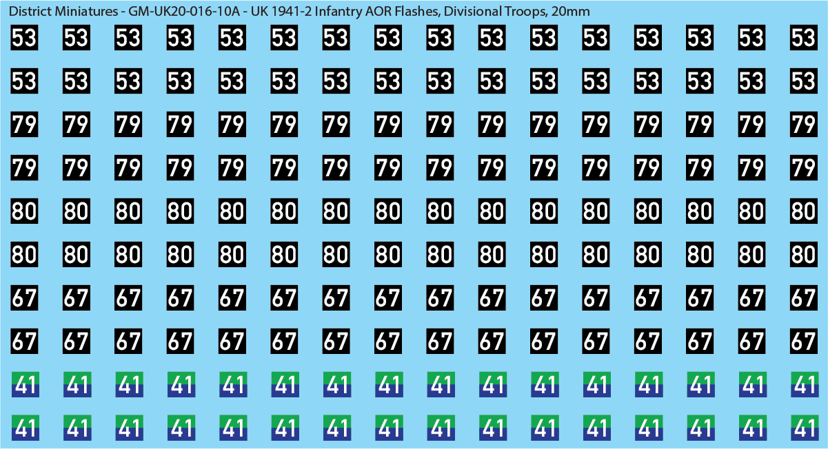 WW2 British - UK 1941-2 Infantry AOR Flashes, 20mm Decals
