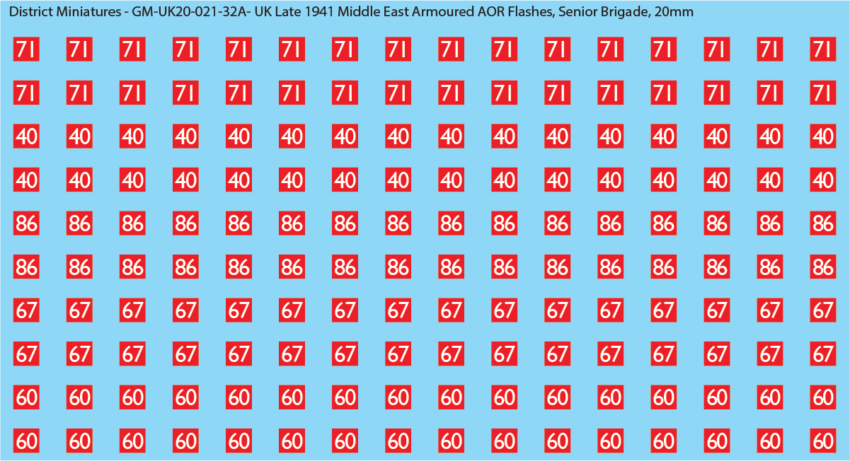 WW2 British - UK Late 1941 Middle East Armor AOR Flashes (Multiple Options), 20mm Decals