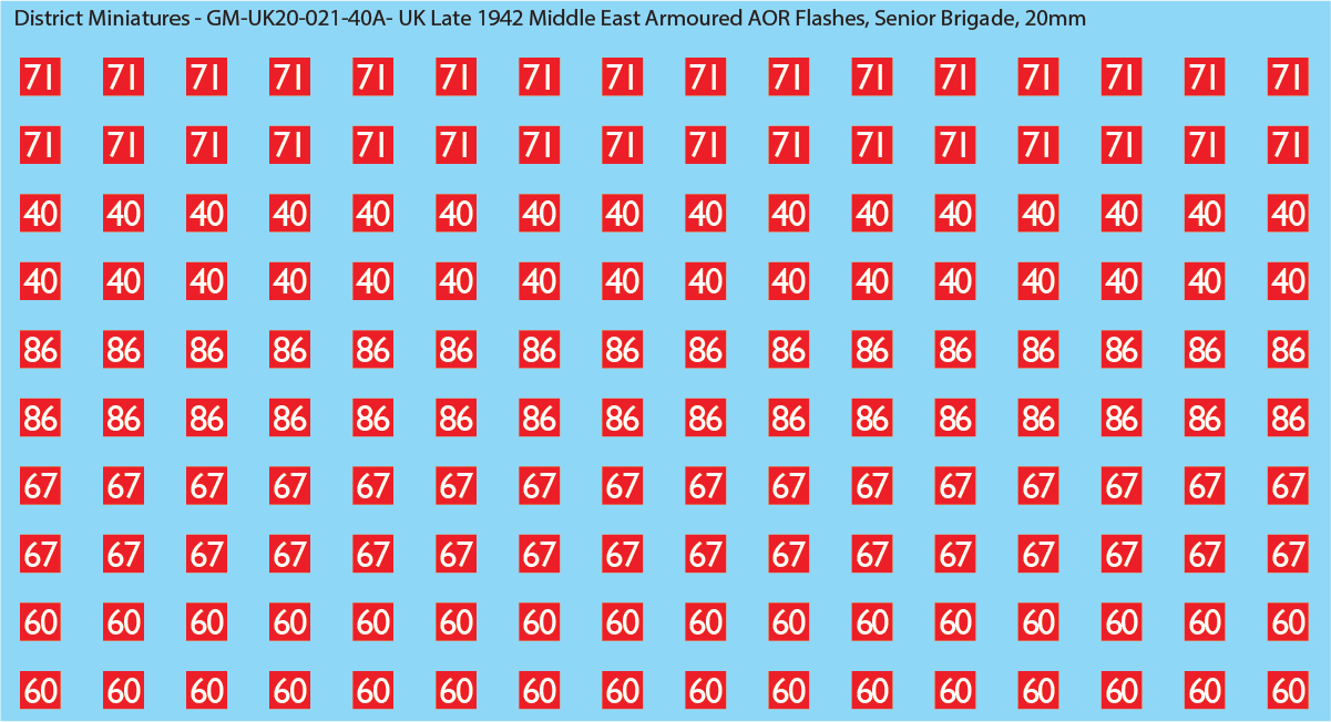 WW2 British - UK Late 1942 Middle East Armor AOR Flashes (Multiple Options), 20mm Decals