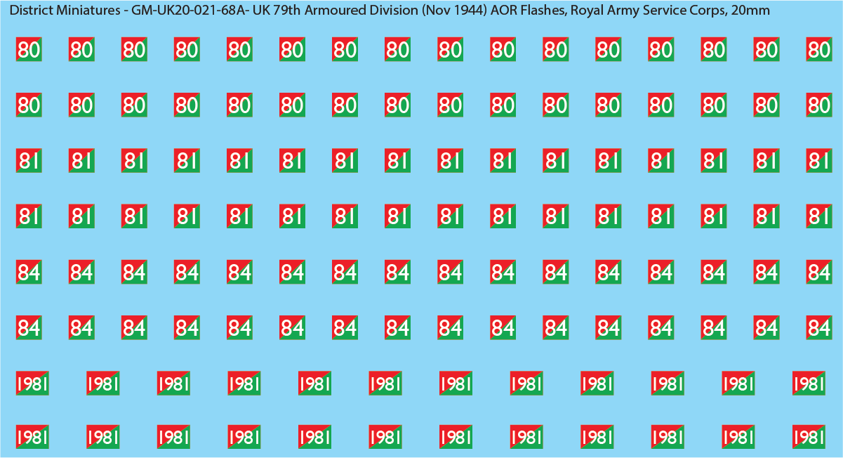 WW2 British - UK 79th Armoured Division (Nov 1944) AOR Flashes (Multiple Options), 20mm Decals